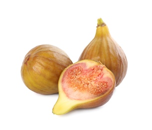 Photo of Whole and cut tasty figs isolated on white