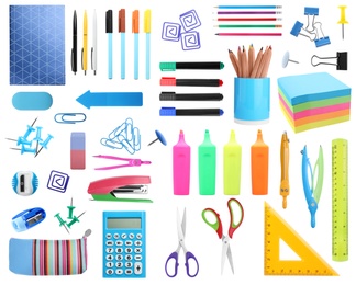 Image of Set of bright school stationery on white background