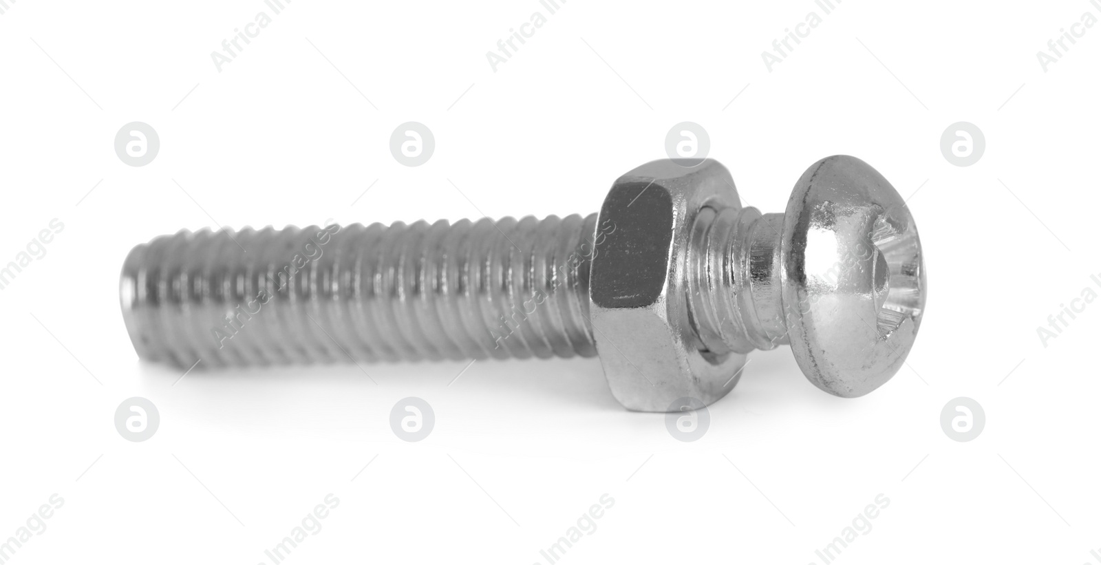 Photo of Metal bolt with hex nut isolated on white