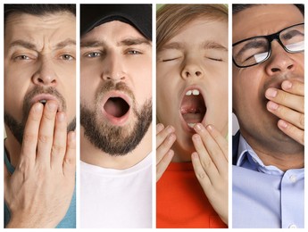 Image of Collage with photos of yawning people 