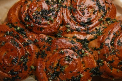 Traditional Ukrainian bread (Pampushky) with garlic, top view