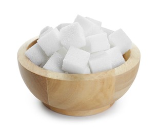 Sugar cubes in wooden bowl isolated on white