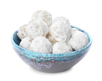 Photo of Tasty snowball cookies in bowl isolated on white. Christmas treat