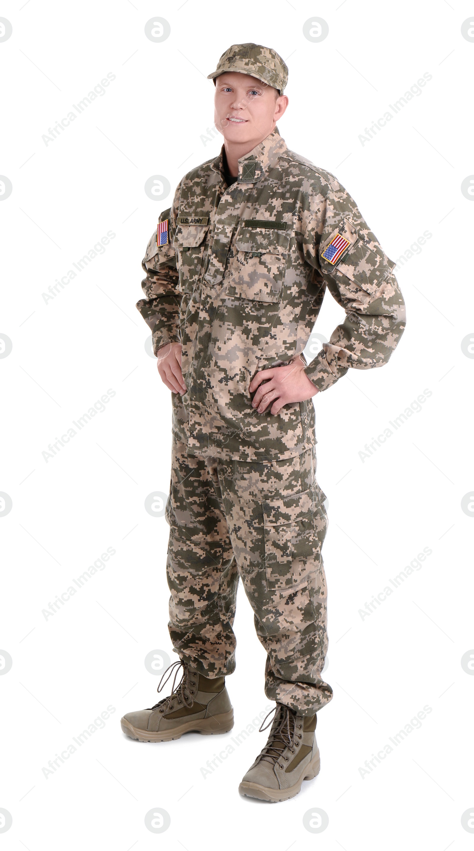 Photo of Male soldier on white background. Military service