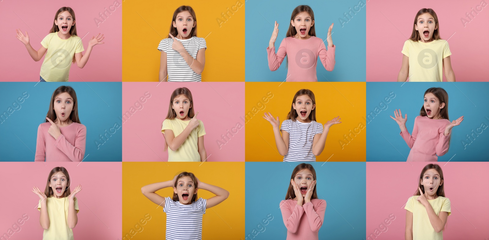 Image of Collage with photos of surprised girl on different color backgrounds