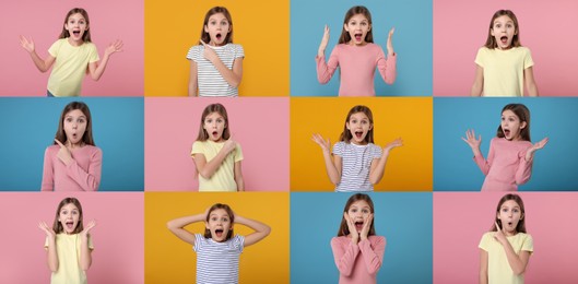 Collage with photos of surprised girl on different color backgrounds