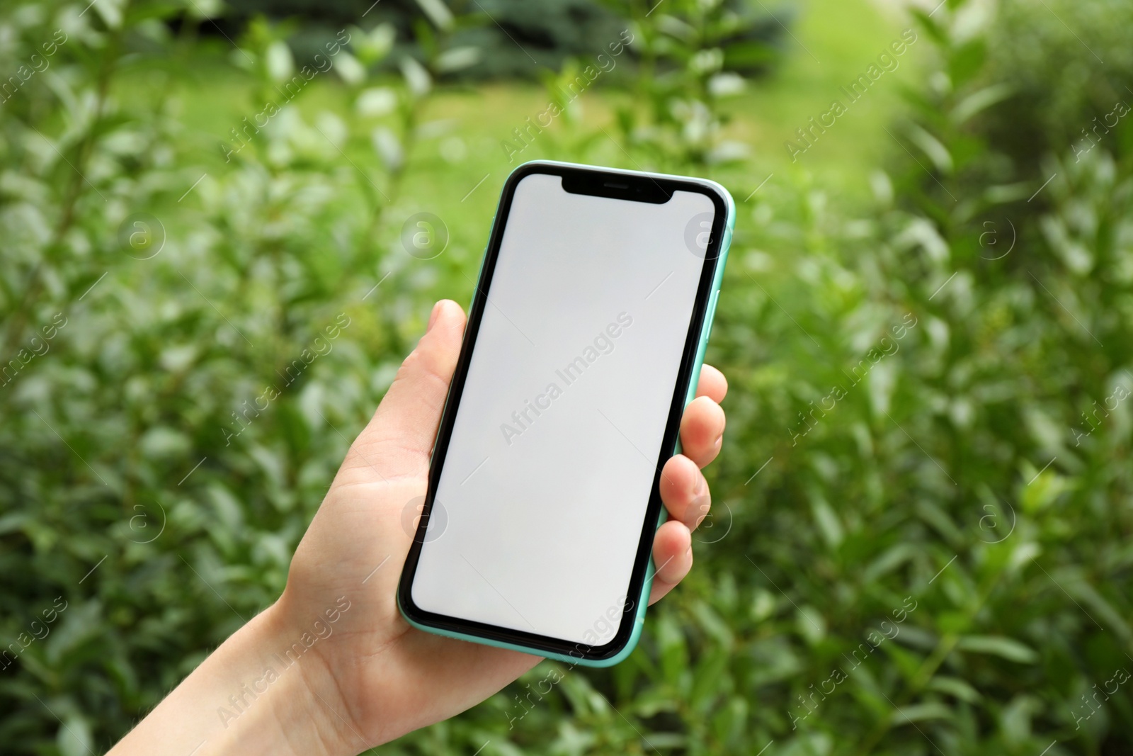 Photo of MYKOLAIV, UKRAINE - JULY 8, 2020: Woman holding Iphone 11 Pro Max with blank screen outdoors, closeup