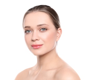 Portrait of young woman with beautiful face on white background