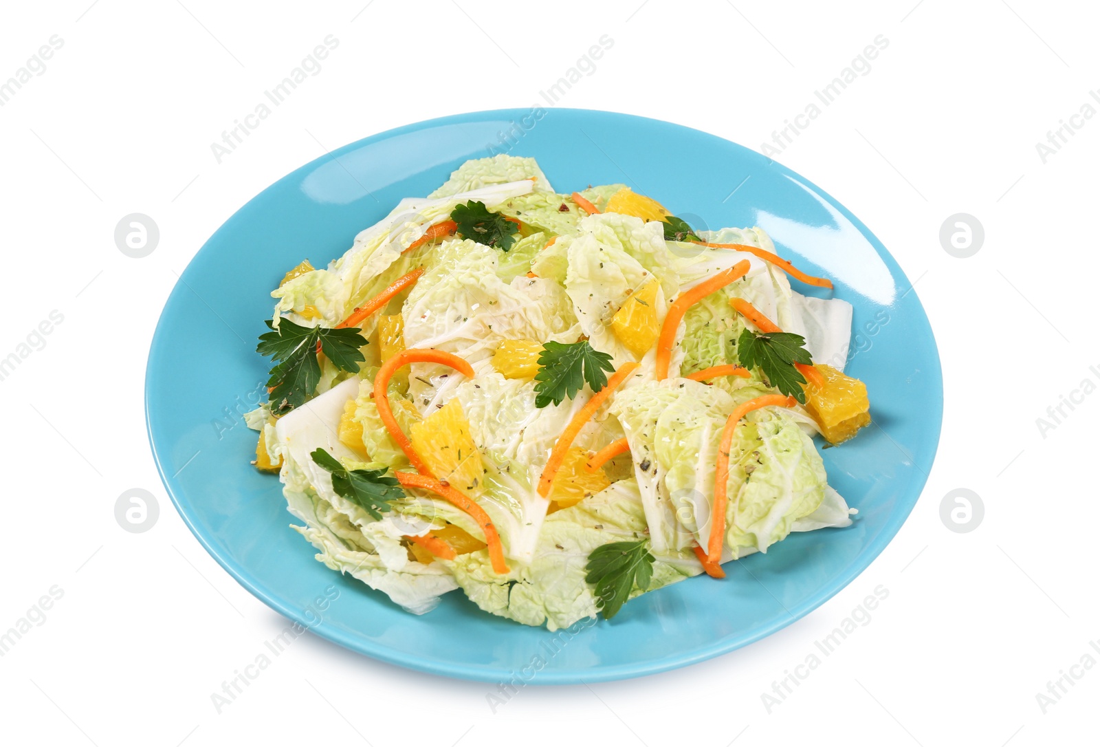 Photo of Tasty salad with Chinese cabbage isolated on white