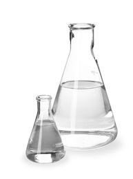 Flasks with liquid on white background. Laboratory analysis equipment