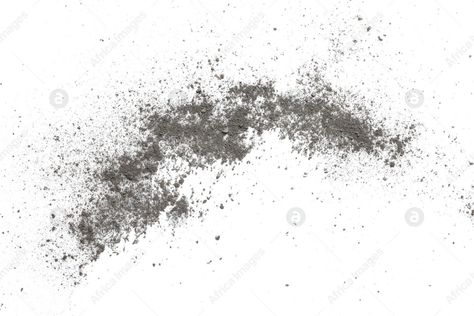 Photo of Pile of black dust scattered on white background, top view