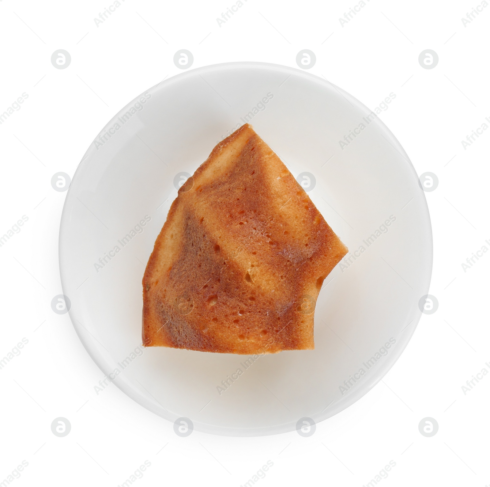 Photo of Piece of delicious homemade yogurt cake on white background, top view