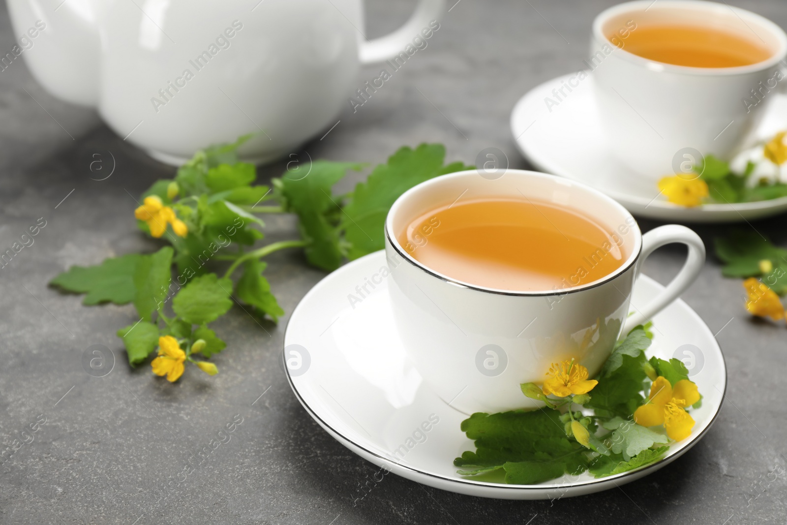 Photo of Cup of aromatic celandine tea and flowers on grey table