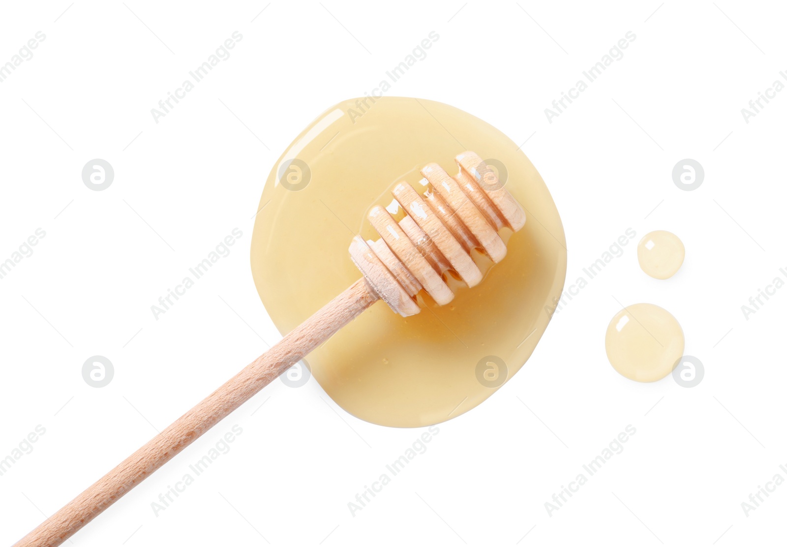 Photo of Tasty natural honey and dipper on white background, top view