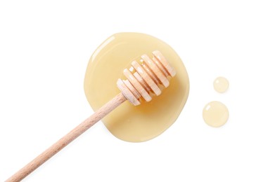 Tasty natural honey and dipper on white background, top view