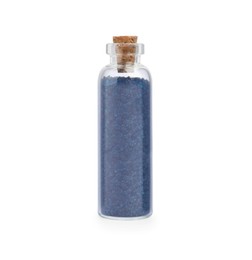 Photo of Glass bottle of blue food coloring isolated on white