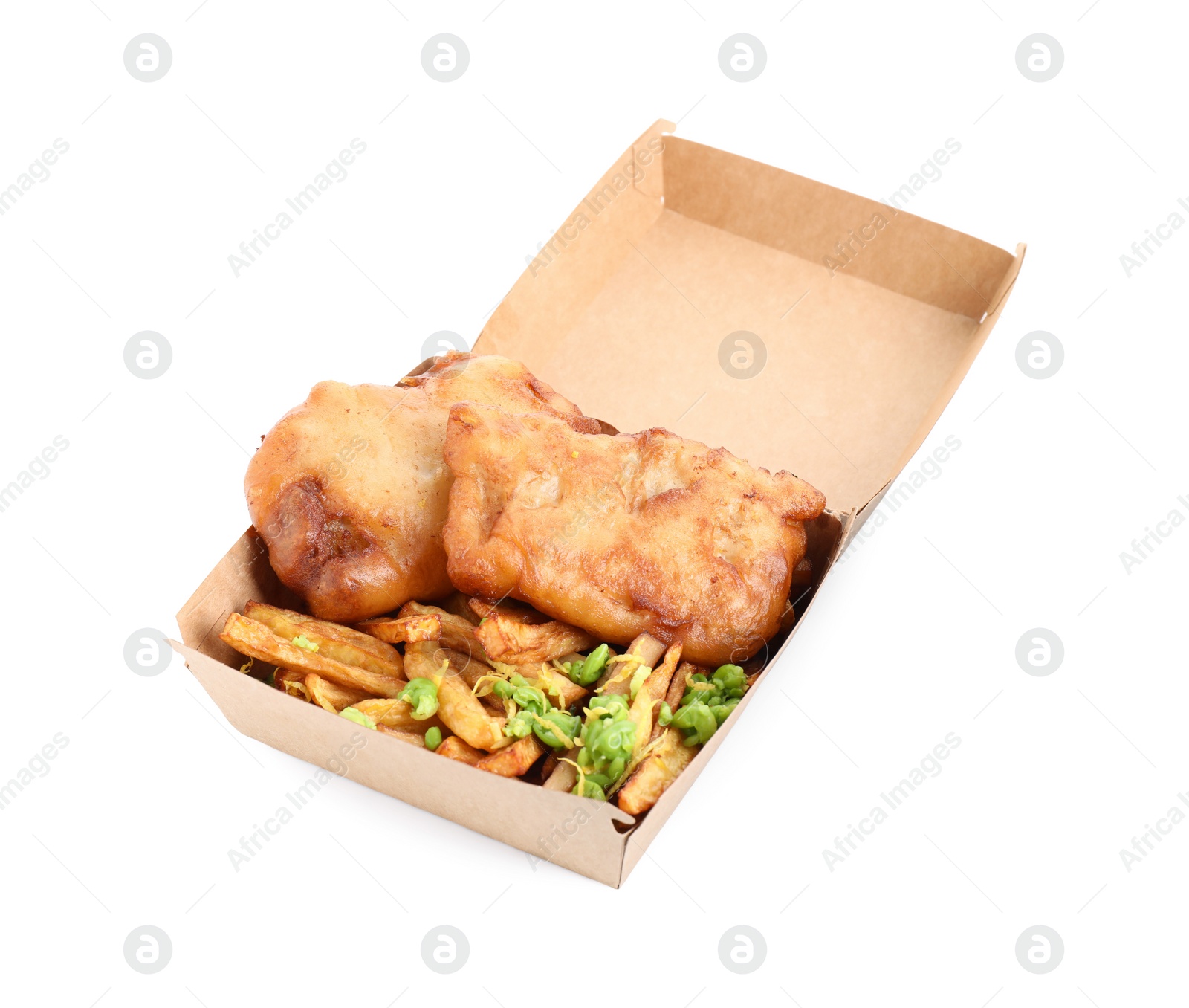 Photo of Tasty fish, chips and peas in paper box isolated on white