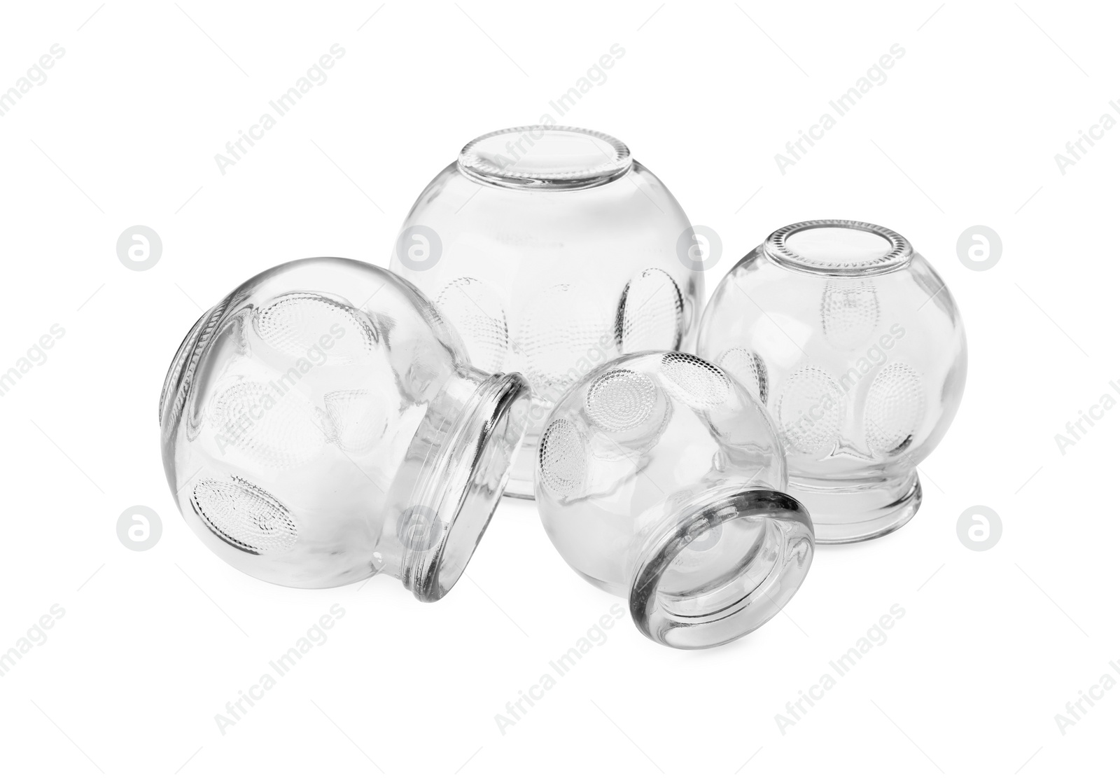 Photo of Many glass cups isolated on white. Cupping therapy