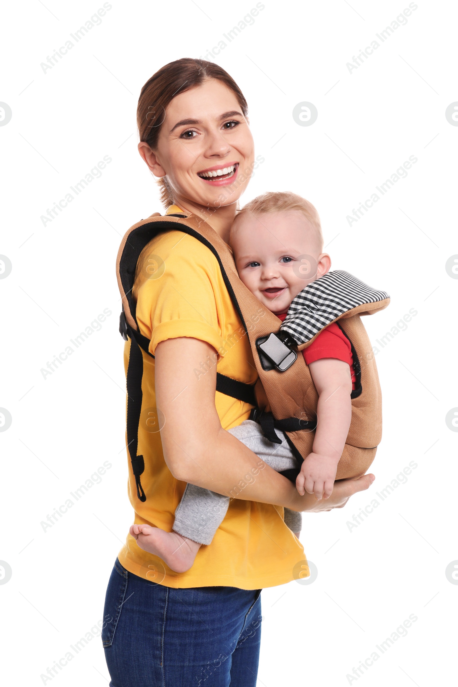 Photo of Woman with her son in baby carrier on white background