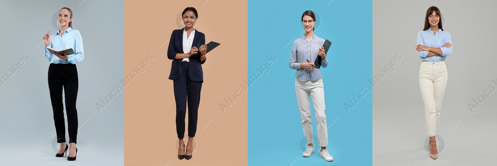 Image of Collage with photos of beautiful secretaries on different color backgrounds