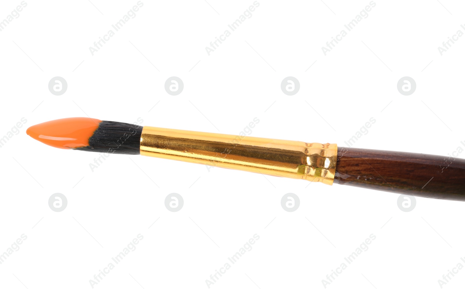 Photo of Brush with color paint on white background, top view