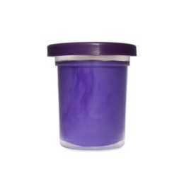 Photo of Plastic container with color play dough isolated on white