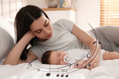 Image of Mother singing lullaby to her sleepy baby on bed. Illustration of flying musical notes around child and woman