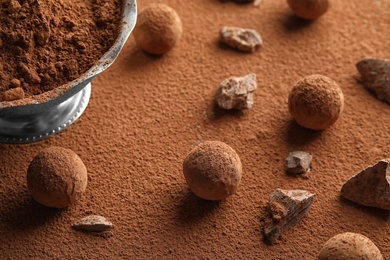 Photo of Composition with tasty raw chocolate truffles on cocoa powder