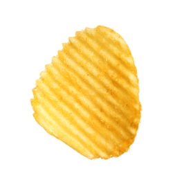 Tasty ridged potato chip on white background