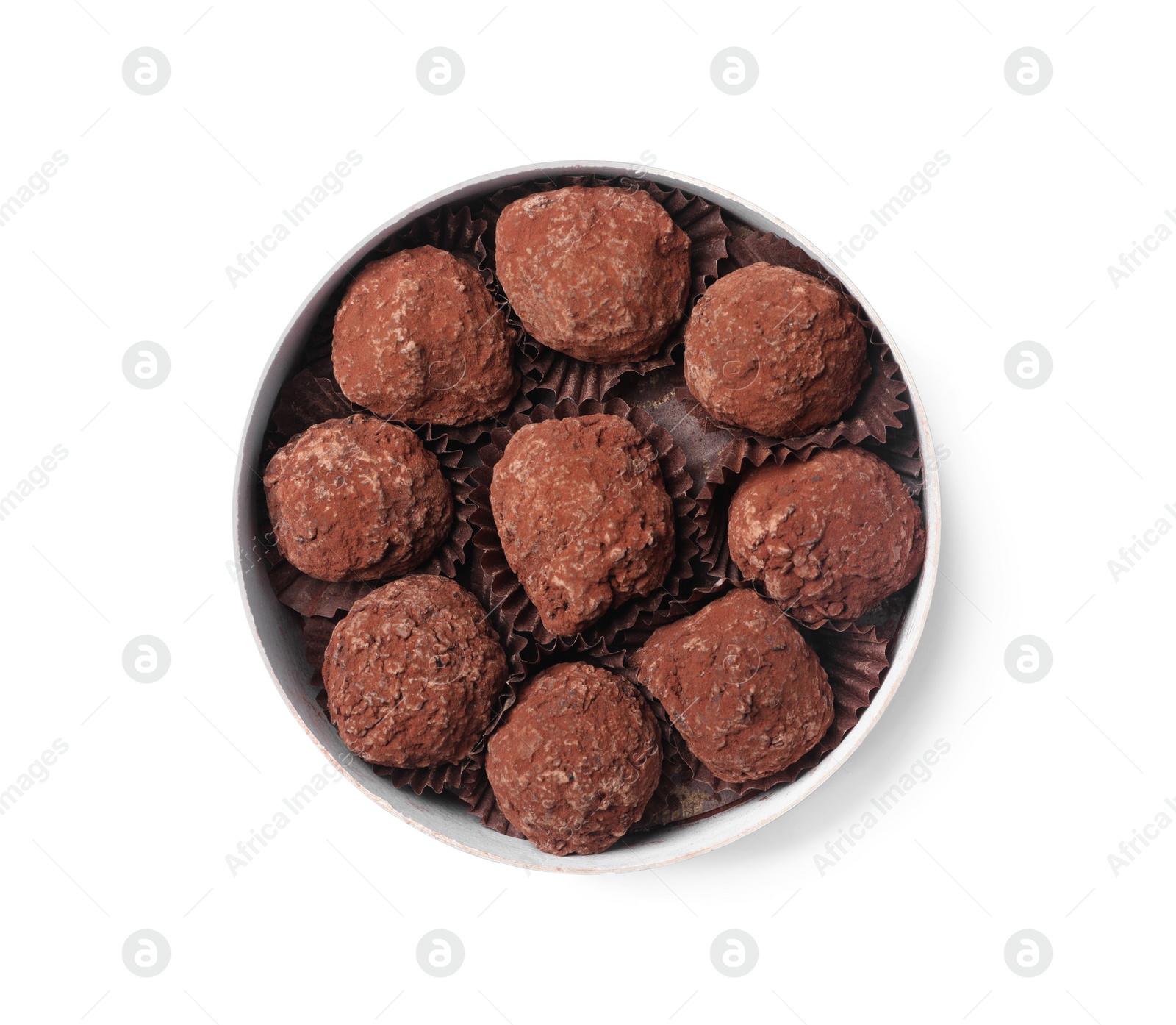 Photo of Box with tasty chocolate truffle candies isolated on white, top view