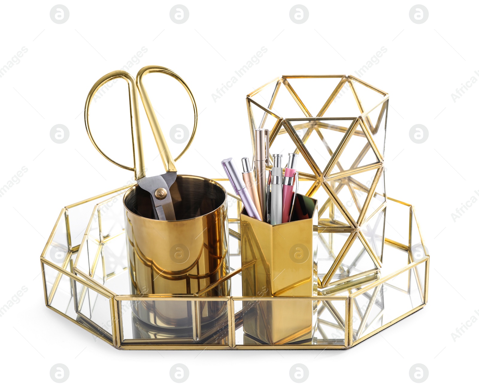 Photo of Stylish holder for stationery with office supplies on white background