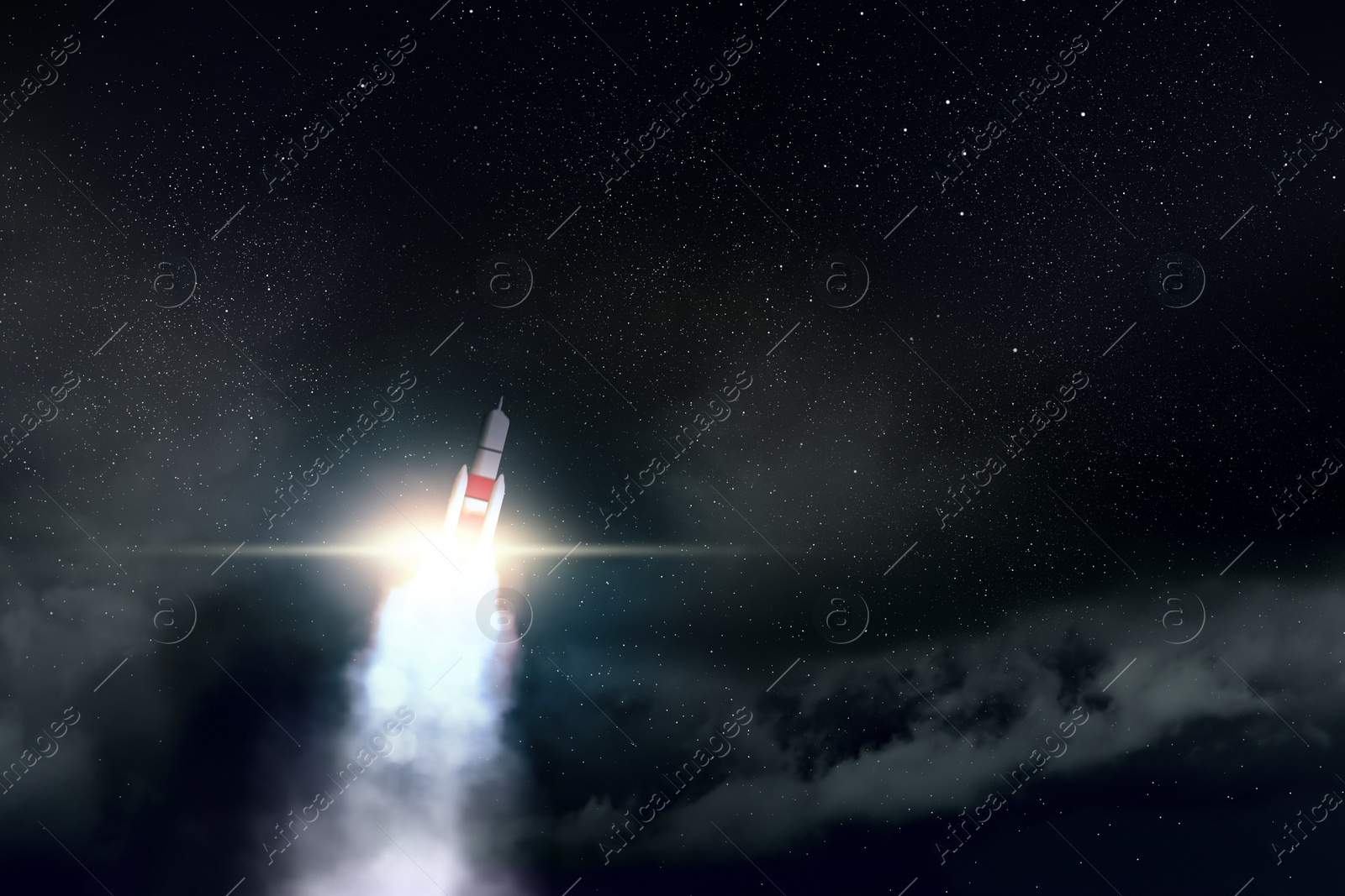 Image of Launched rocket in flight, night starry sky background. Space mission