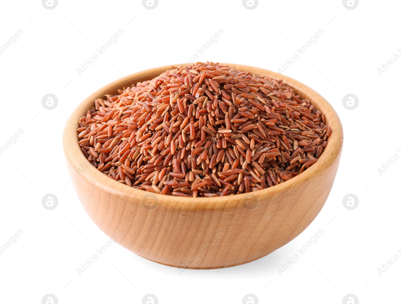 Photo of Brown rice in wooden bowl isolated on white