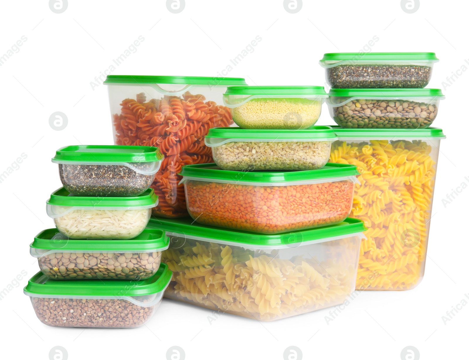 Photo of Plastic containers filled with food products isolated on white