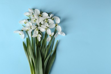 Photo of Beautiful snowdrops on light blue background, flat lay. Space for text