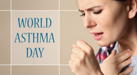 Image of World asthma day. Woman suffering from cough on beige background 