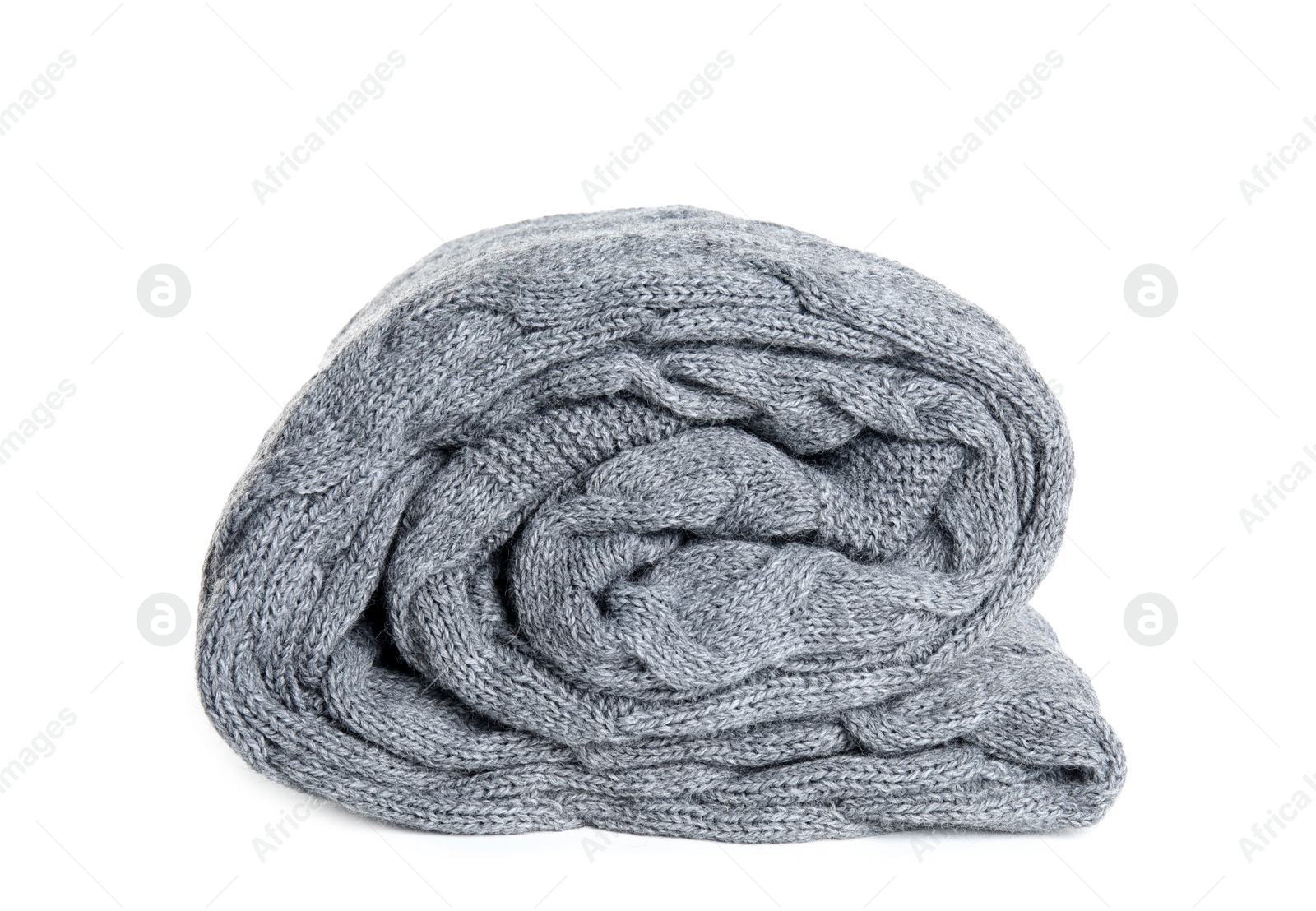 Photo of Stylish grey knitted plaid on white background