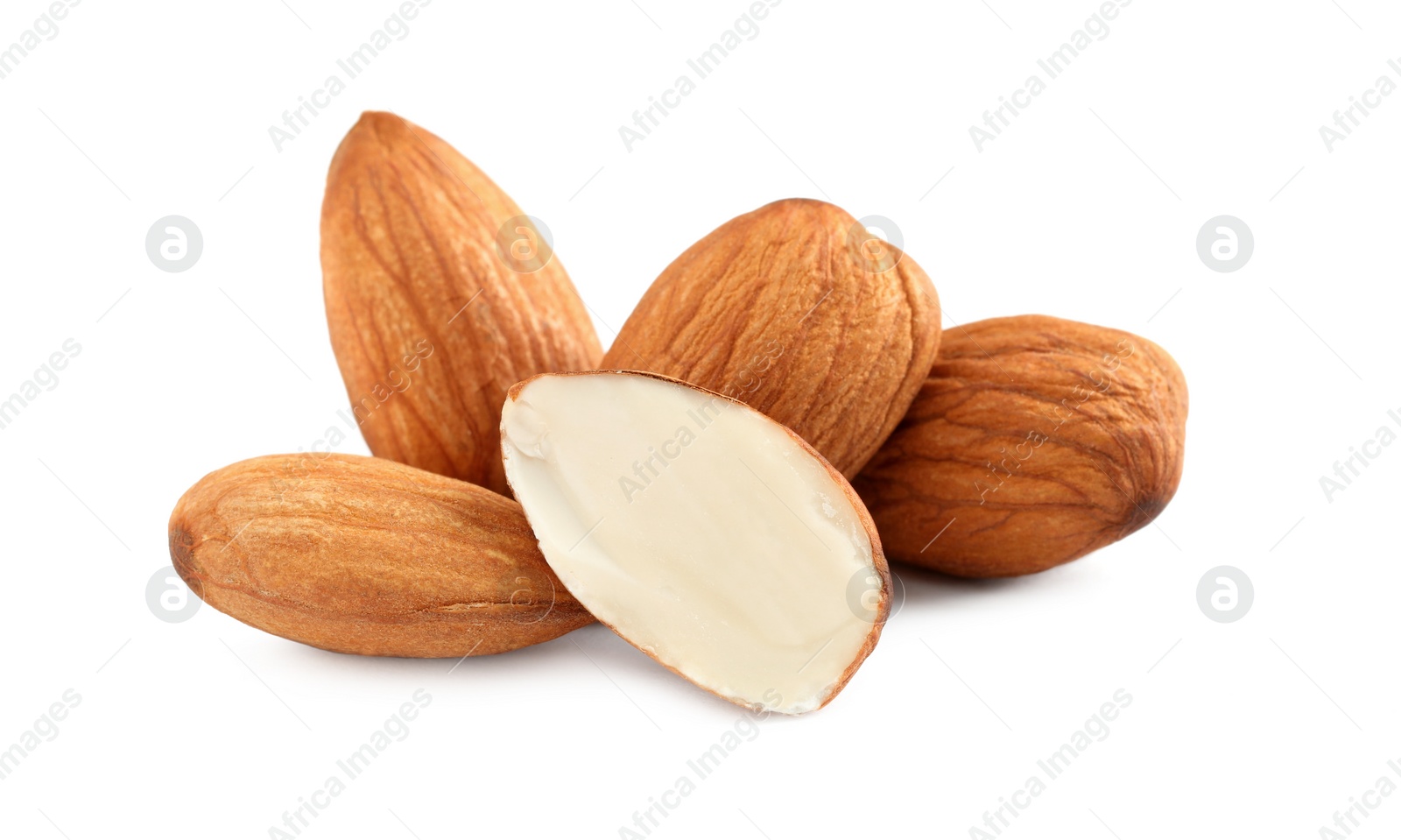 Photo of Organic almond nuts on white background, closeup. Healthy snack