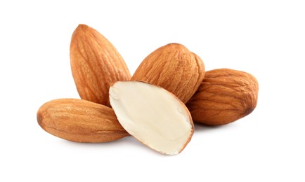 Organic almond nuts on white background, closeup. Healthy snack