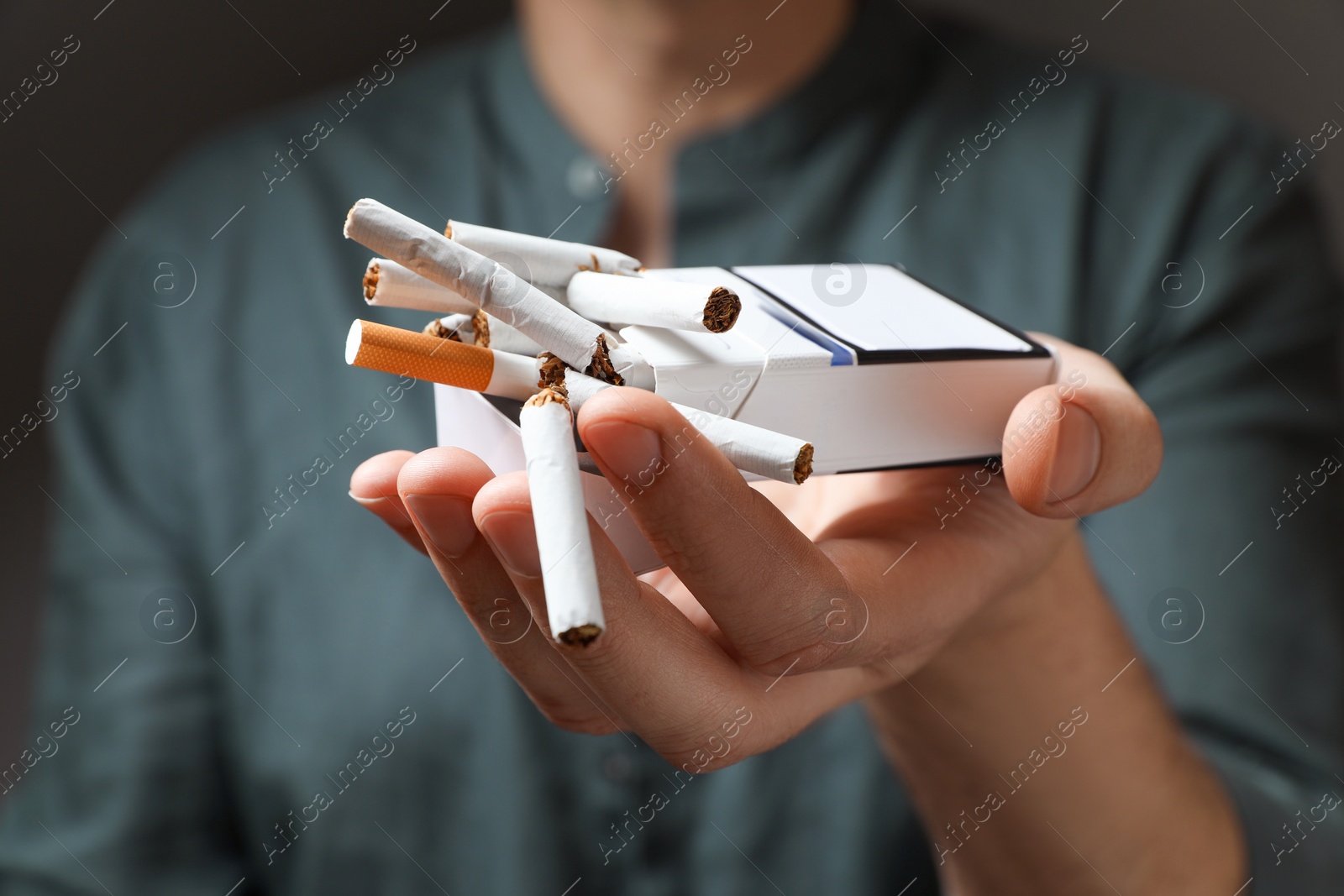 Photo of Stop smoking. Man holding pack with broken cigarettes on grey background, closeup