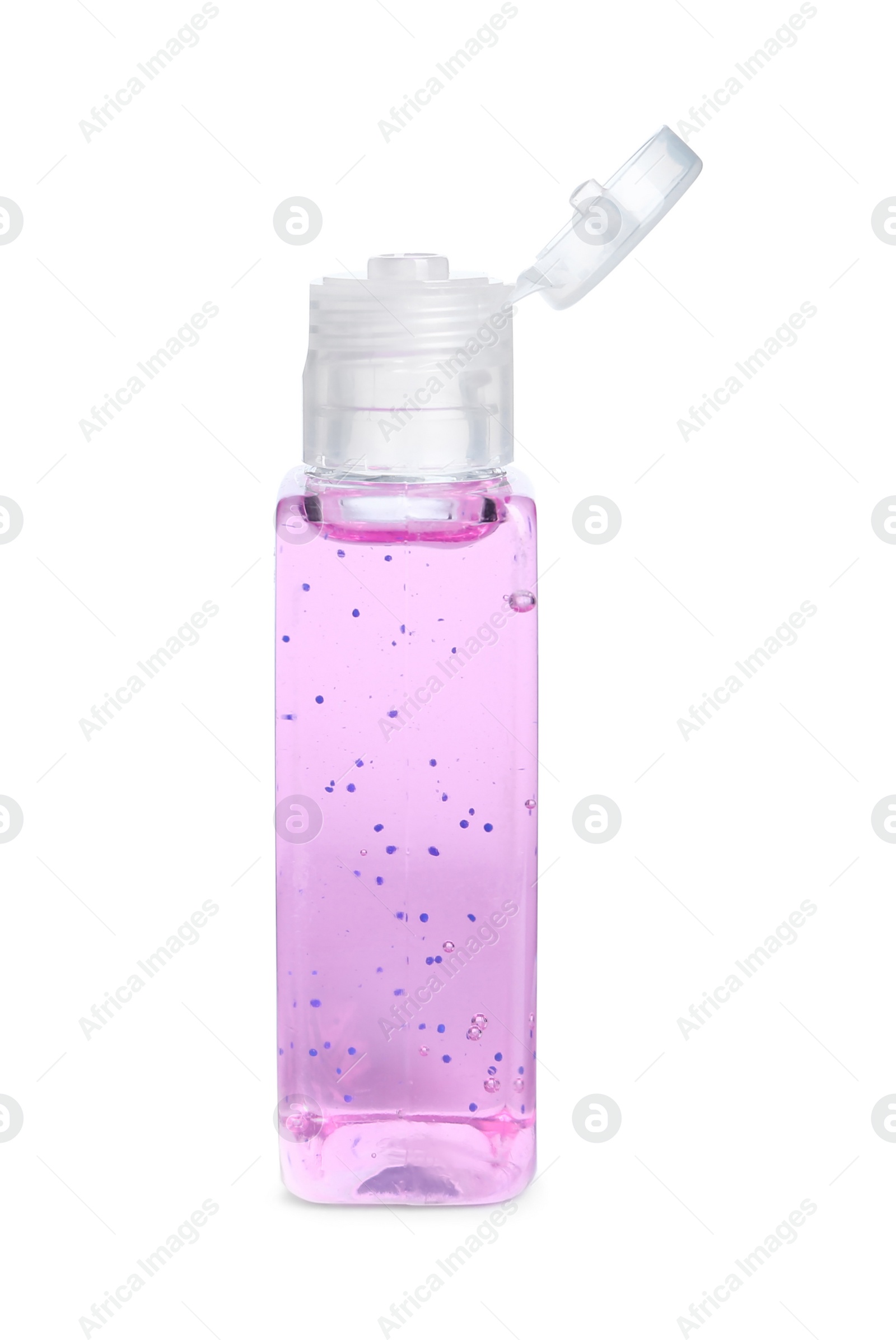 Photo of Bottle with pink antiseptic gel isolated on white