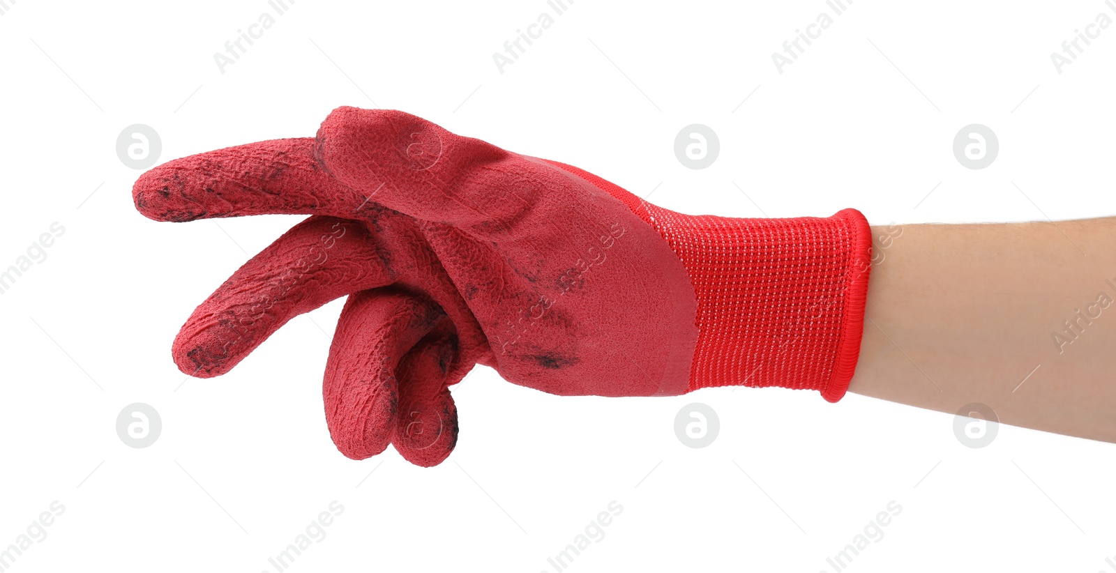 Photo of Woman in gardening glove on white background, closeup