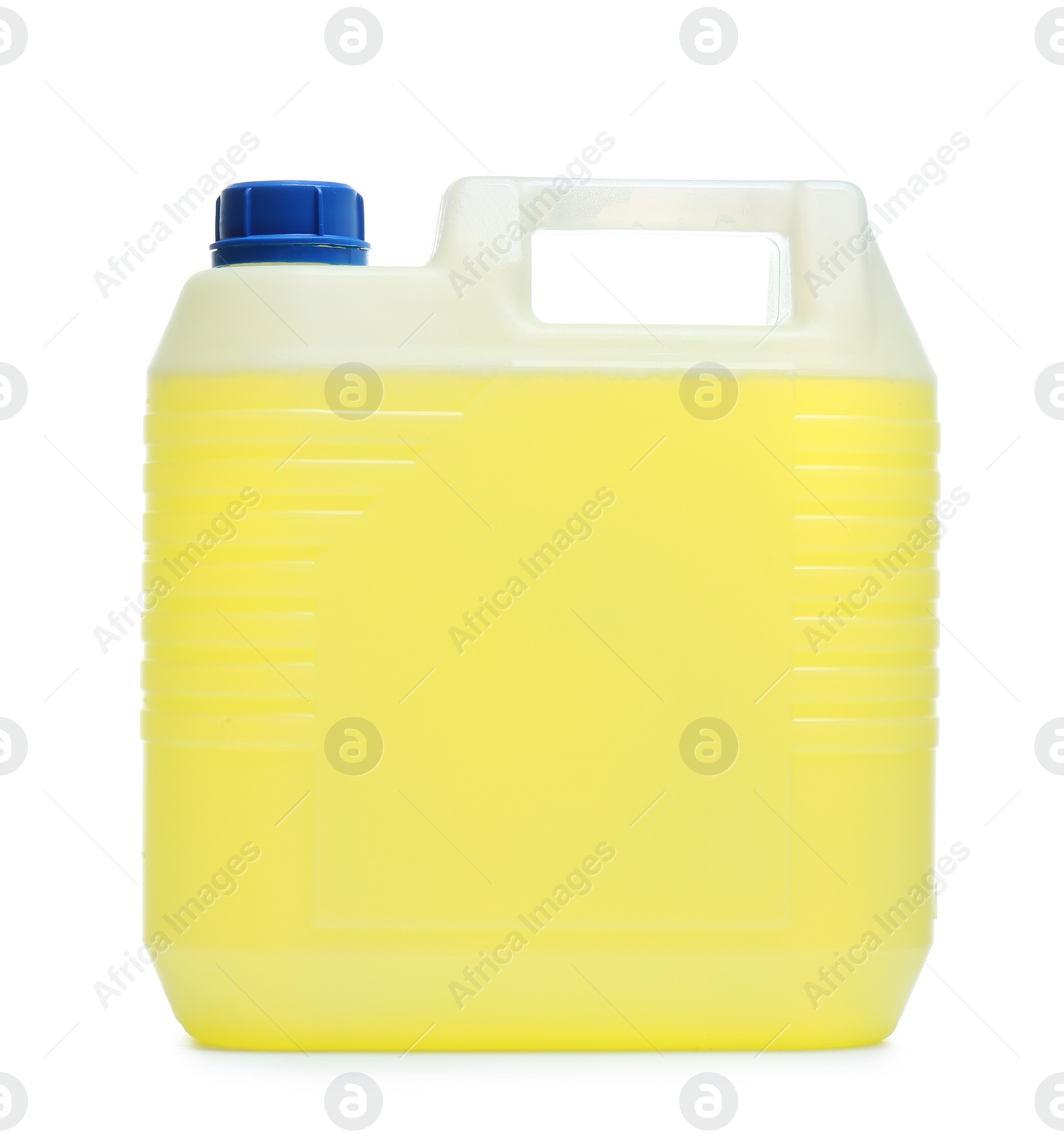 Photo of Plastic canister with liquid for car on white background