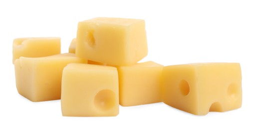 Photo of Cubes of delicious cheese isolated on white