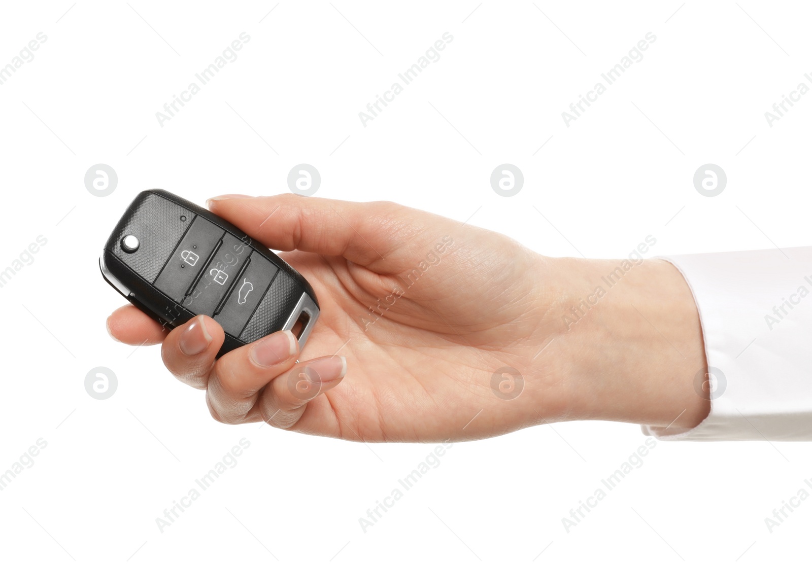 Photo of Woman holding car flip key isolated on white