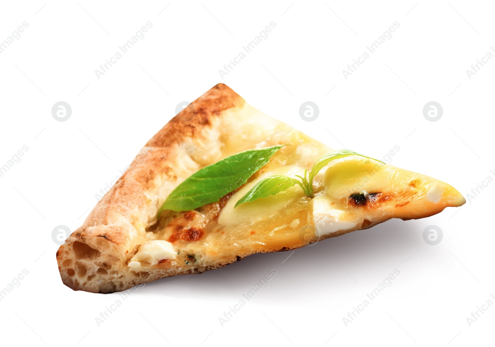 Image of Hot cheese pizza slice on white background. Image for menu or poster