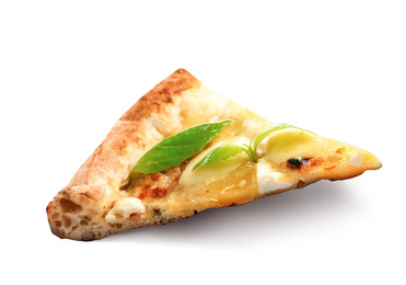 Hot cheese pizza slice on white background. Image for menu or poster