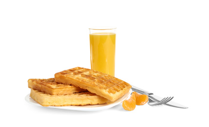 Tasty healthy breakfast with wafers on white background