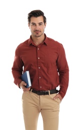 Young male teacher with book on white background