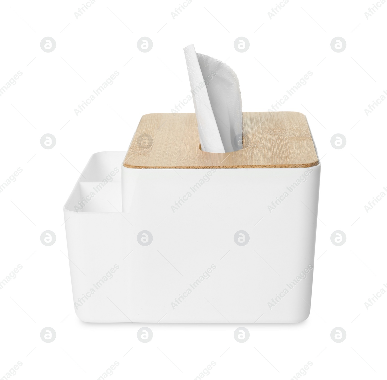 Photo of Holder with paper tissues isolated on white